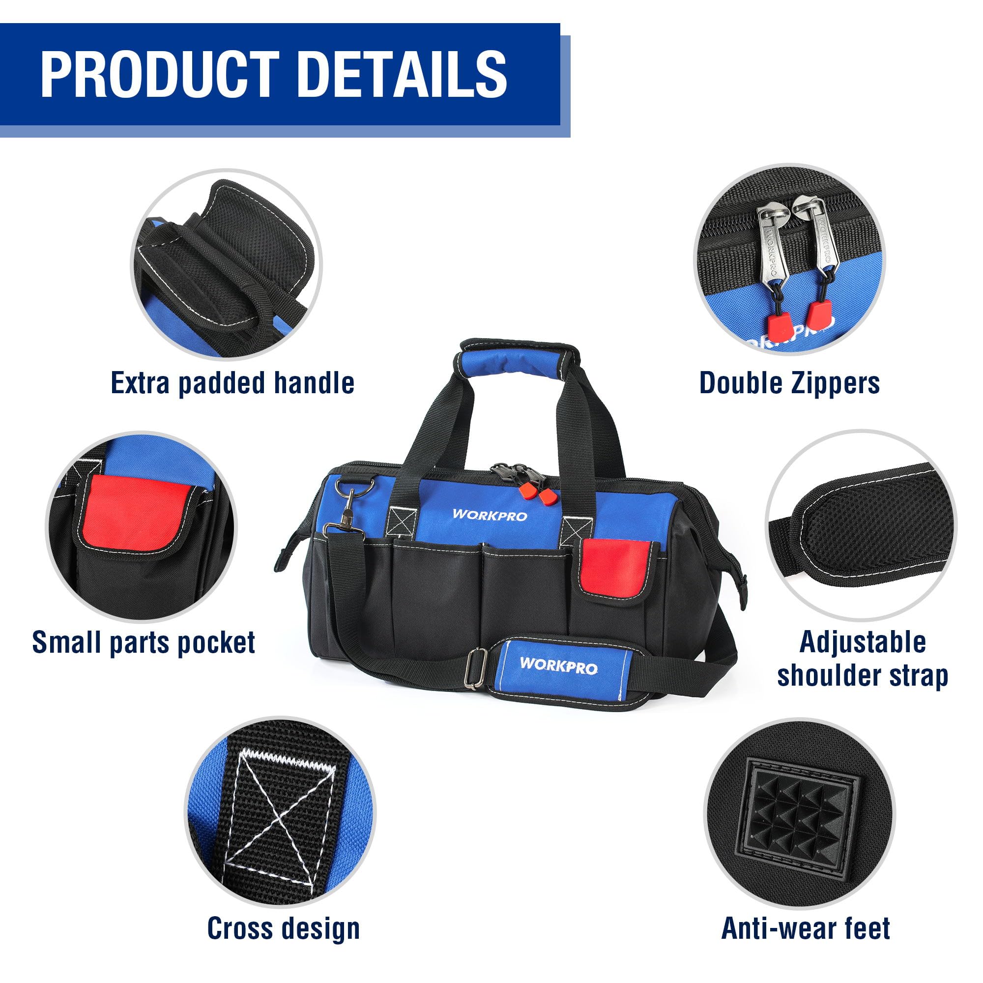 WORKPRO bag reinforced handle provides lasting grip during transport
