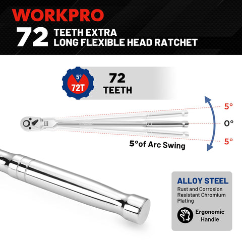 WORKPRO 180-degree flexible head switches direction smoothly for awkward layouts.
