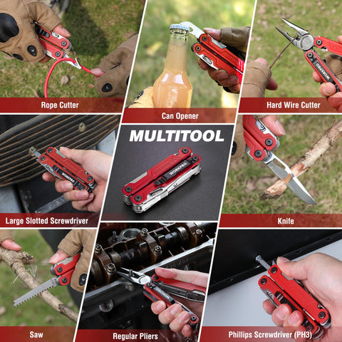 Workpro multi-tool used outdoors supports camping and hiking tasks
