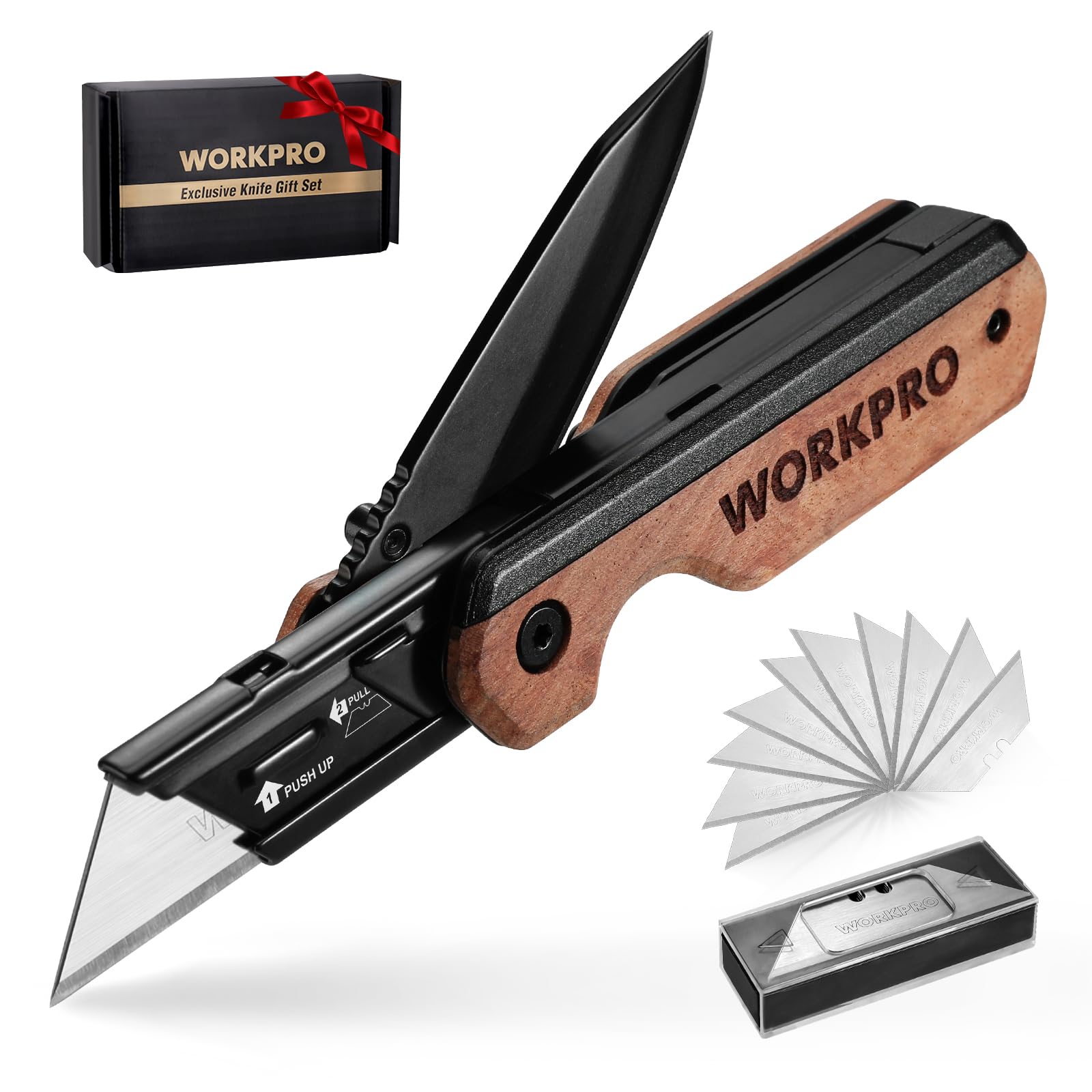 WORKPRO 2-in-1 folding knife with belt clip for easy on-the-go use.