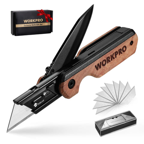 WORKPRO 2-in-1 folding knife with belt clip for easy on-the-go use.