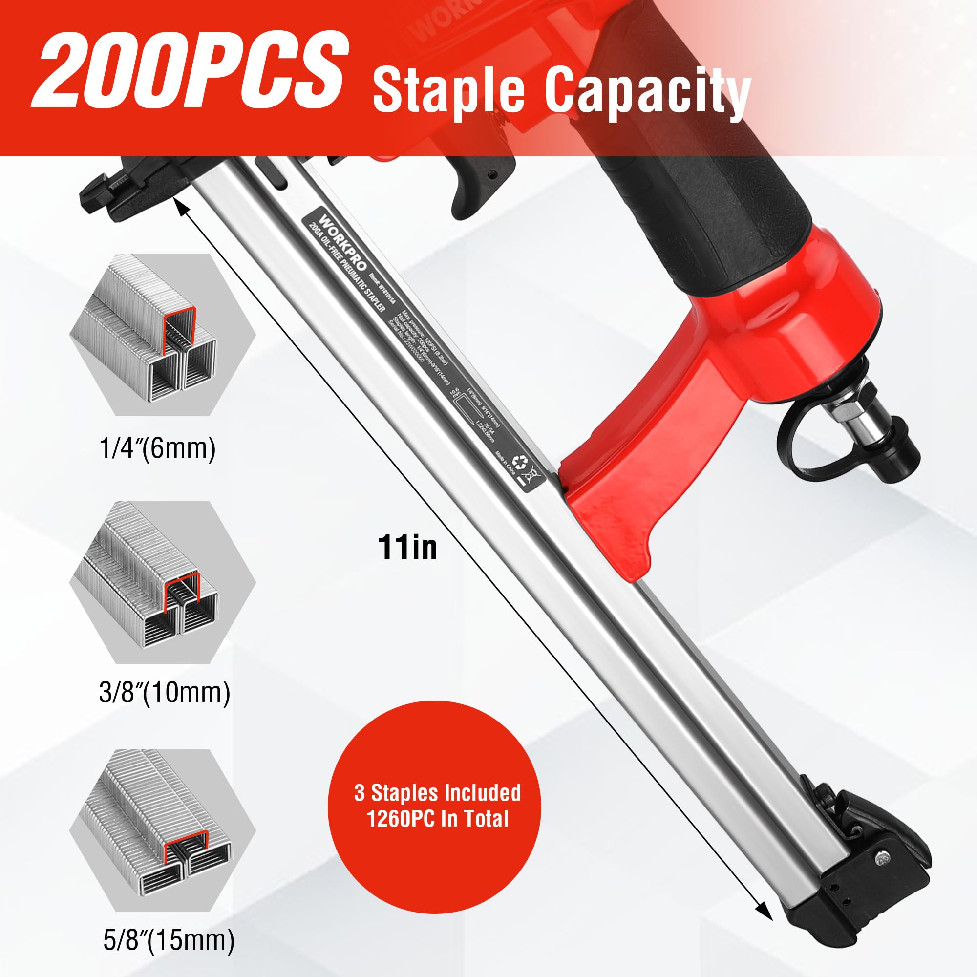 WORKPRO 20-gauge staples in 1/4 to 5/8 inch range for versatile fastening