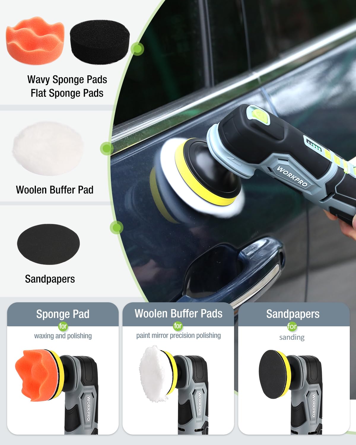 2000mAh battery powering extended polishing sessions with WORKPRO