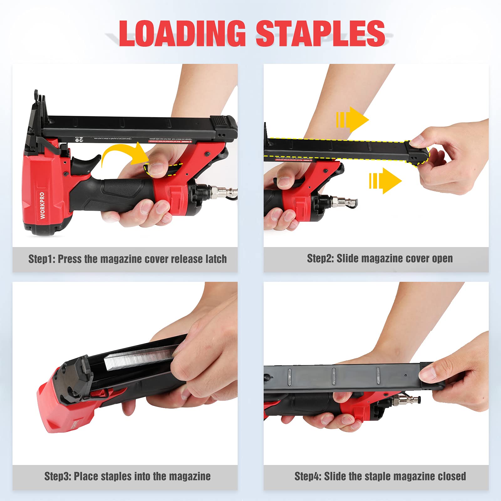 WORKPRO 20 gauge stapler compatible with 1/4 to 5/8 inch staples for versatile framing