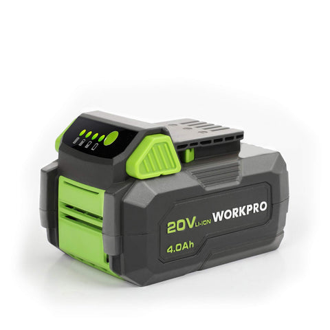 WorkPRO 20V battery pack front view showing compact design.