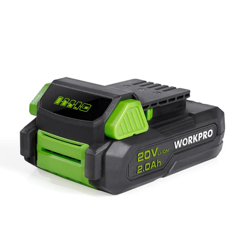 WORKPRO 20V battery pack front view with compact, lightweight design.