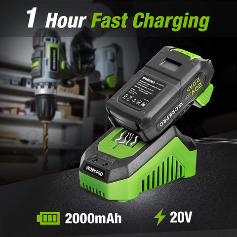WORKPRO 20V pack in use with drill demonstrates ready-to-use power.