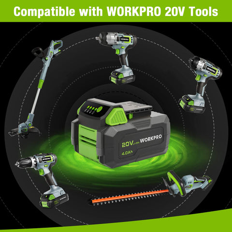 WorkPRO 20V battery pack in use with compatible tools for easy swaps.