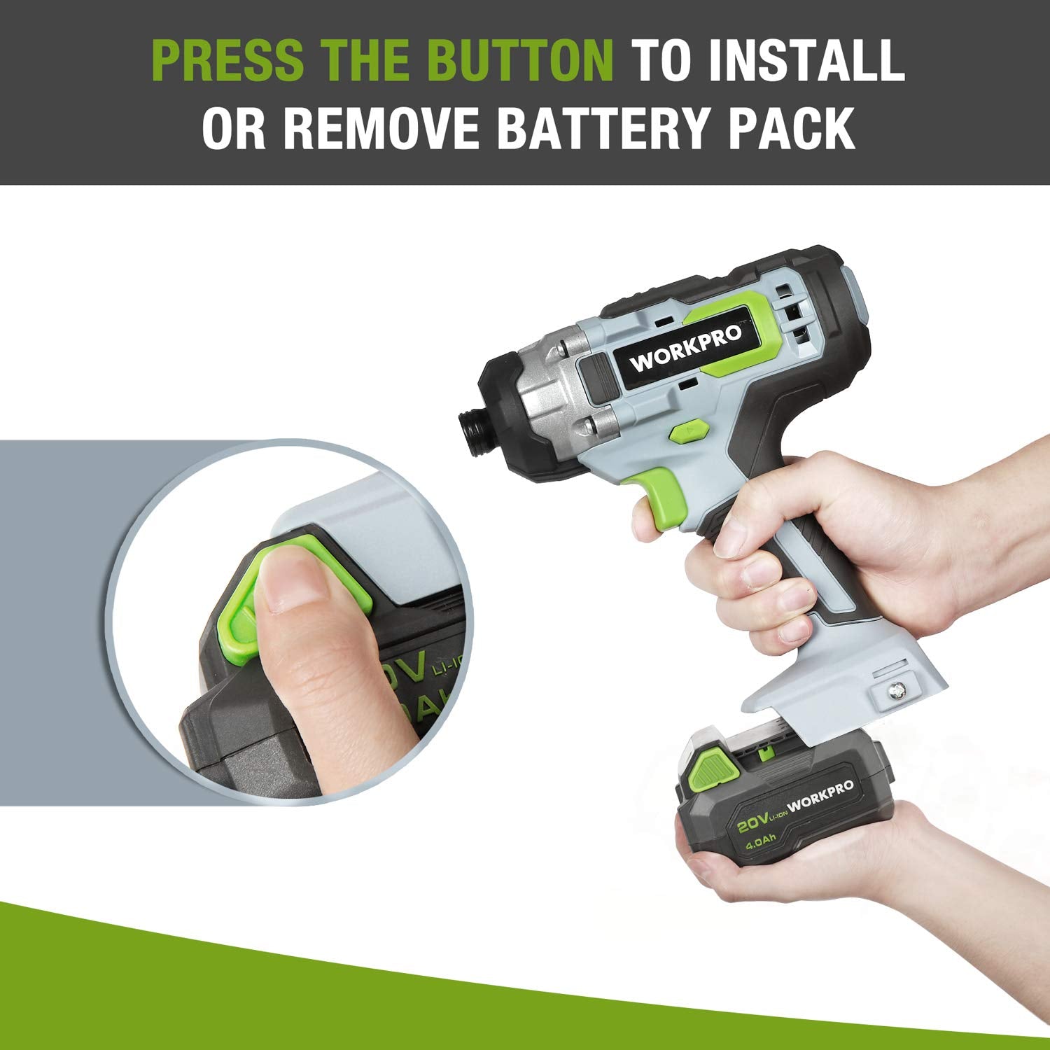 Side view of WorkPRO 20V battery pack highlighting slim profile.