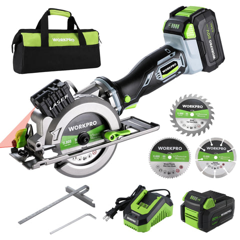 WORKPRO 20V cordless mini circular saw front view with laser guide for precise cuts