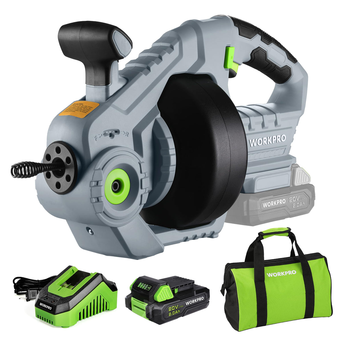 WORKPRO 20V electric drain auger with 25ft cable for deep clog clearing.