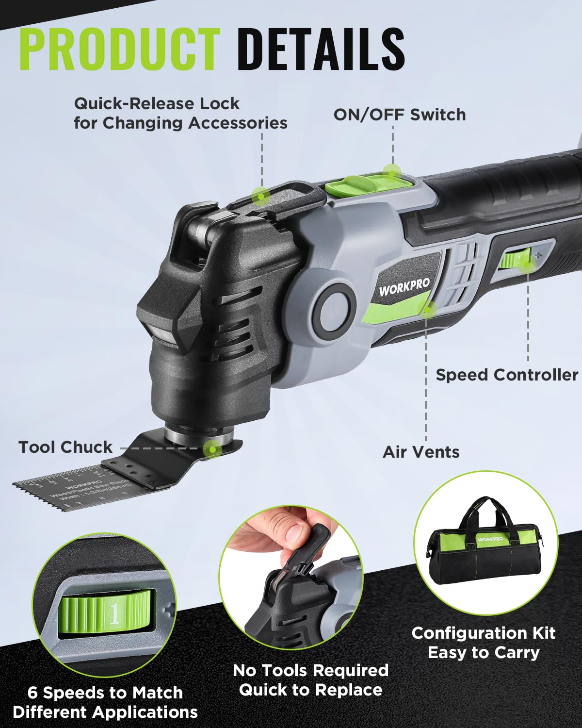WORKPRO blade set showing versatile accessories for precise cutting and easy changes
