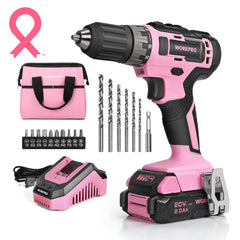 WorkPRO 20V pink cordless drill driver with ergonomic grip for comfortable handling.