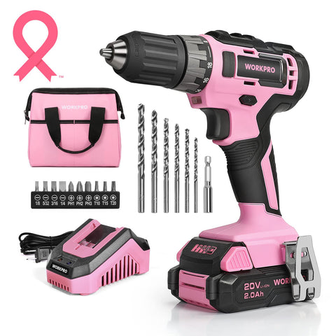 WorkPRO 20V pink cordless drill driver with ergonomic grip for comfortable handling.