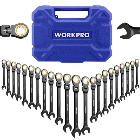 WORKPRO 22-piece ratcheting wrench set with 180° pivot head for tight spaces.