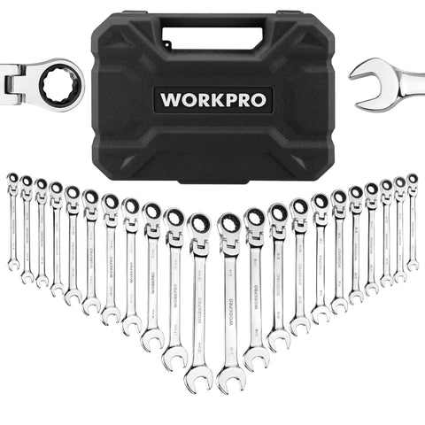 WORKPRO 22-piece ratcheting wrench set with flex-head in organizer case for quick access.