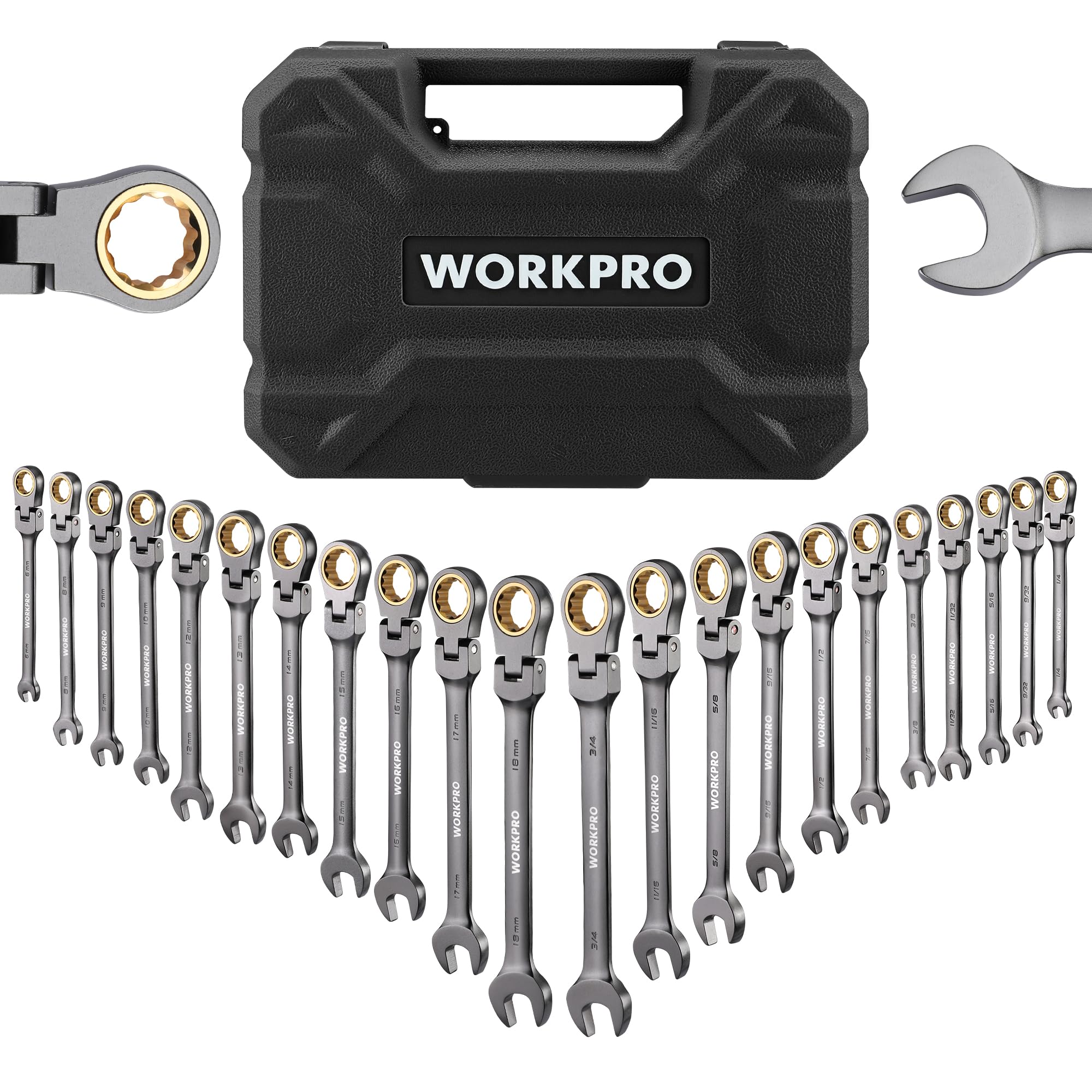 WORKPRO 22-piece flex-head wrench set in case with easy size access