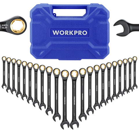 WORKPRO 22-piece ratcheting wrench set with anti-slip teeth for secure fastener grip.