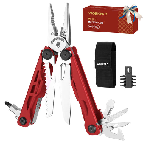 WORKPRO 24-in-1 multitool red folded for compact everyday carry and quick access.