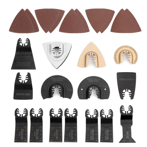 WorkPRO 25-piece oscillating kit blade layout for wood, metal, and plastic cutting