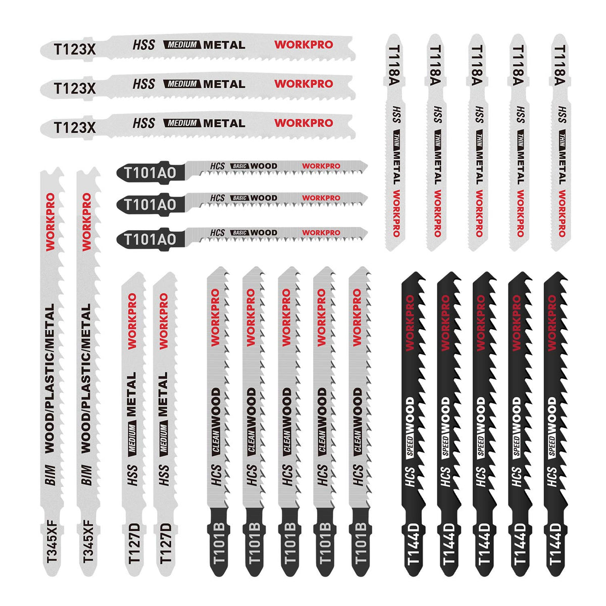 WorkPRO blade set: 25-piece T-Shank blades for wood, plastic, metal cuts