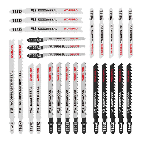 WorkPRO blade set: 25-piece T-Shank blades for wood, plastic, metal cuts
