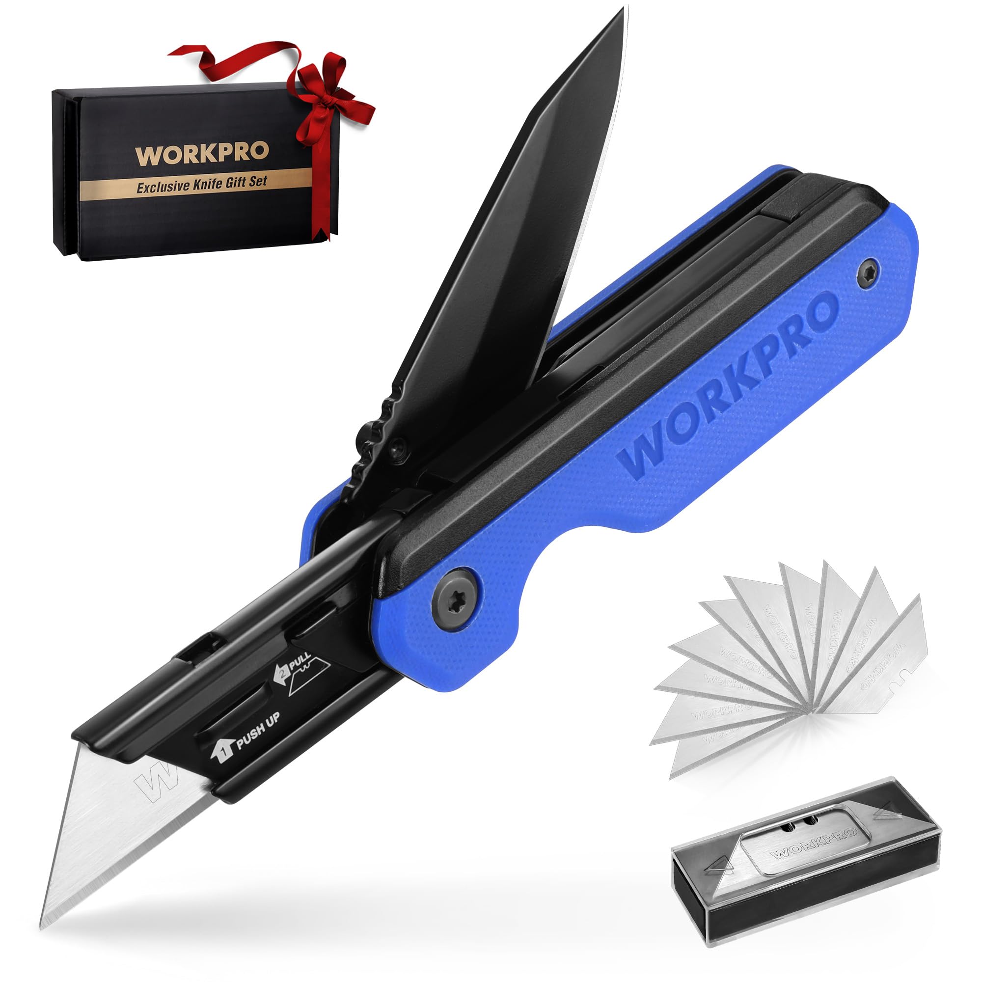 WORKPRO 2-in-1 folding knife with blue G10 handle for precise cuts.