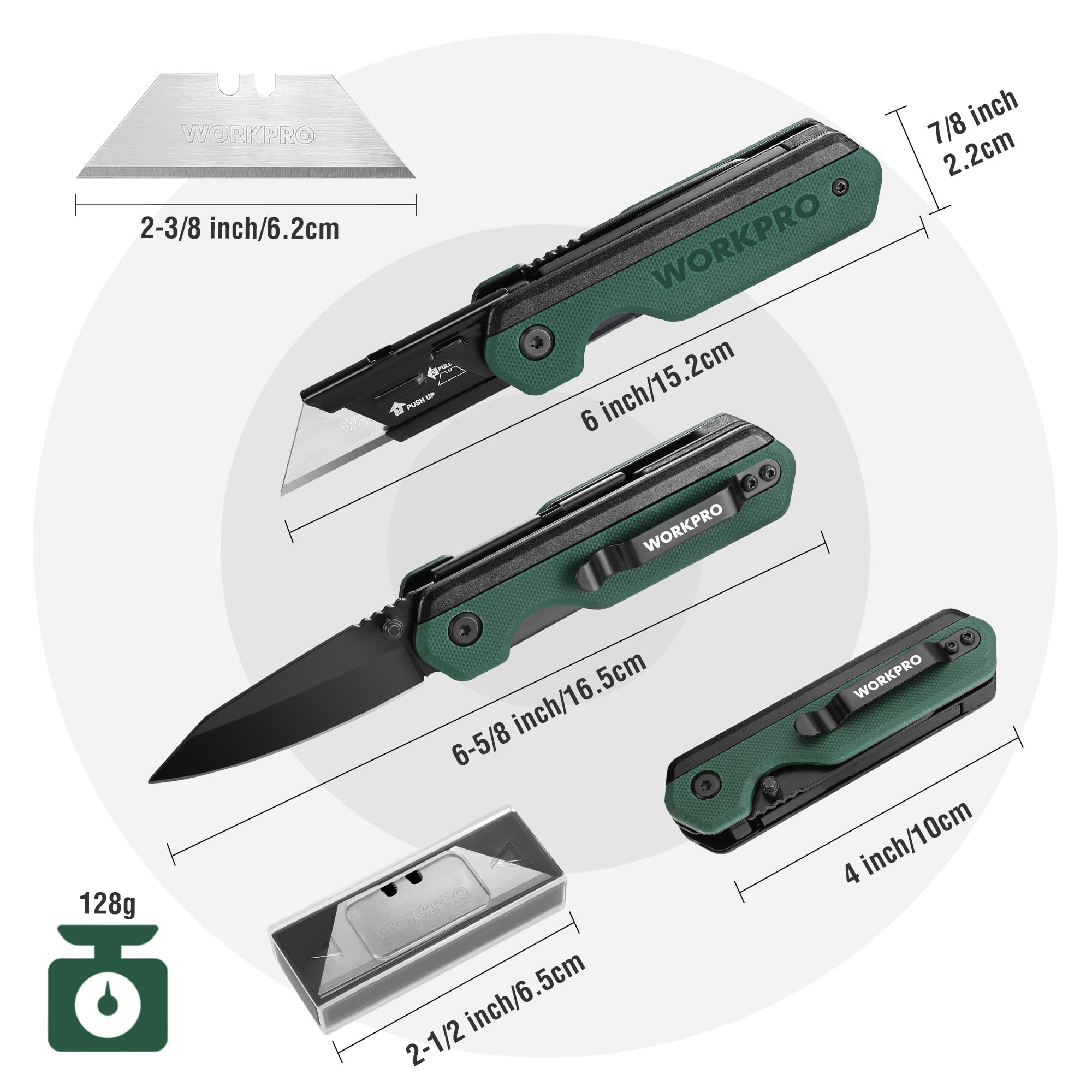 WORKPRO 2-in-1 folding knife open showing ready-to-use blade
