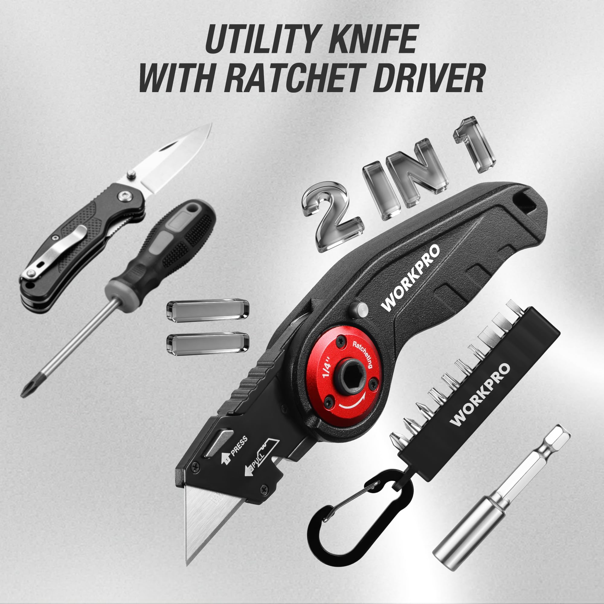 WORKPRO 2-in-1 multitool highlights screwdriver bit set for quick repairs