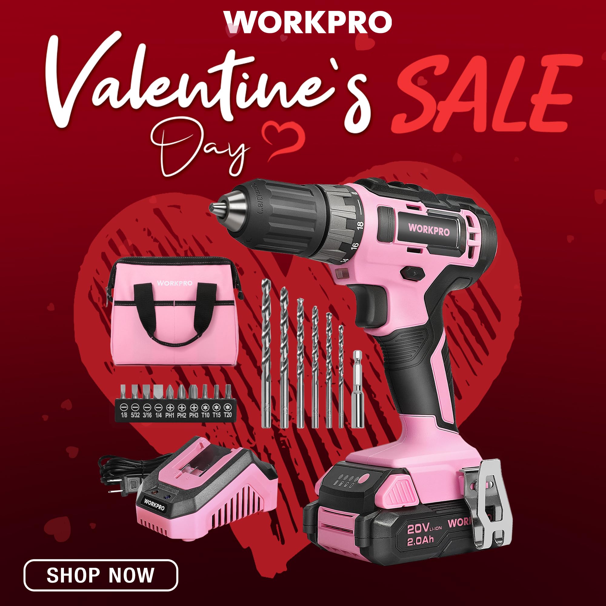 WorkPRO 3/8-inch keyless chuck shown for quick bit changes during tasks.