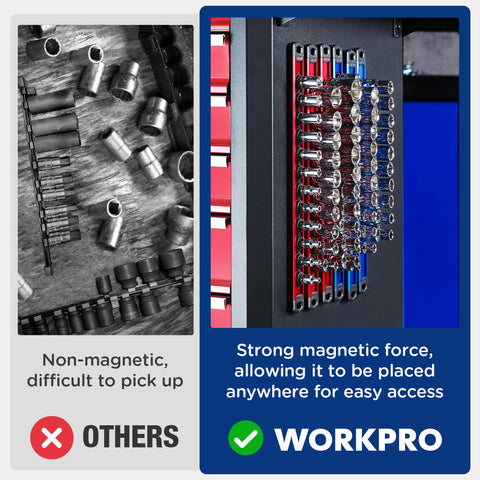 WORKPRO 3/8-inch socket clips provide stable, easy-to-scan storage.