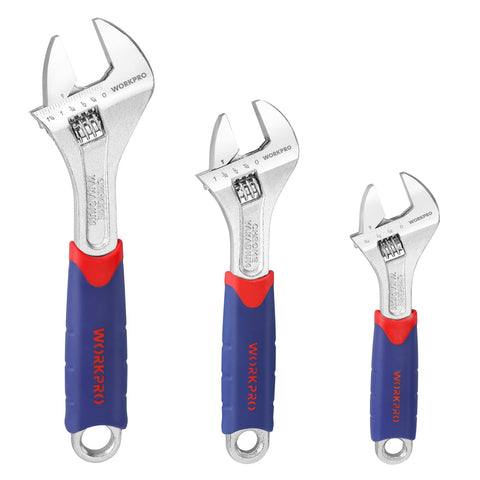 WORKPRO 3-piece adjustable wrenches in a compact home toolkit for versatile repairs.