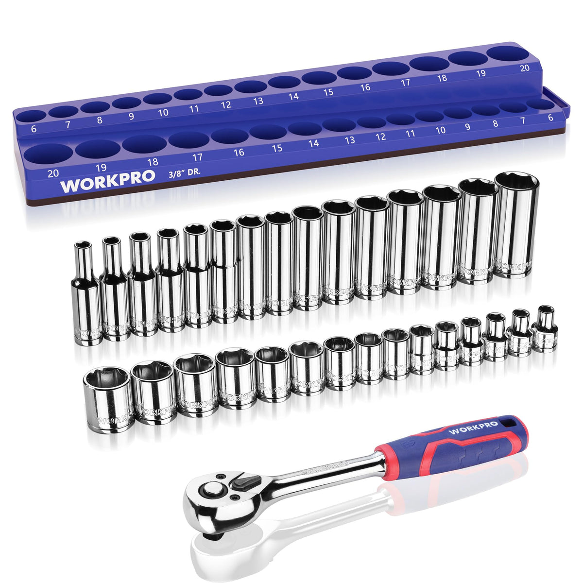 WORKPRO 32-piece drive socket set with 72-tooth ratchet for precise auto repairs.