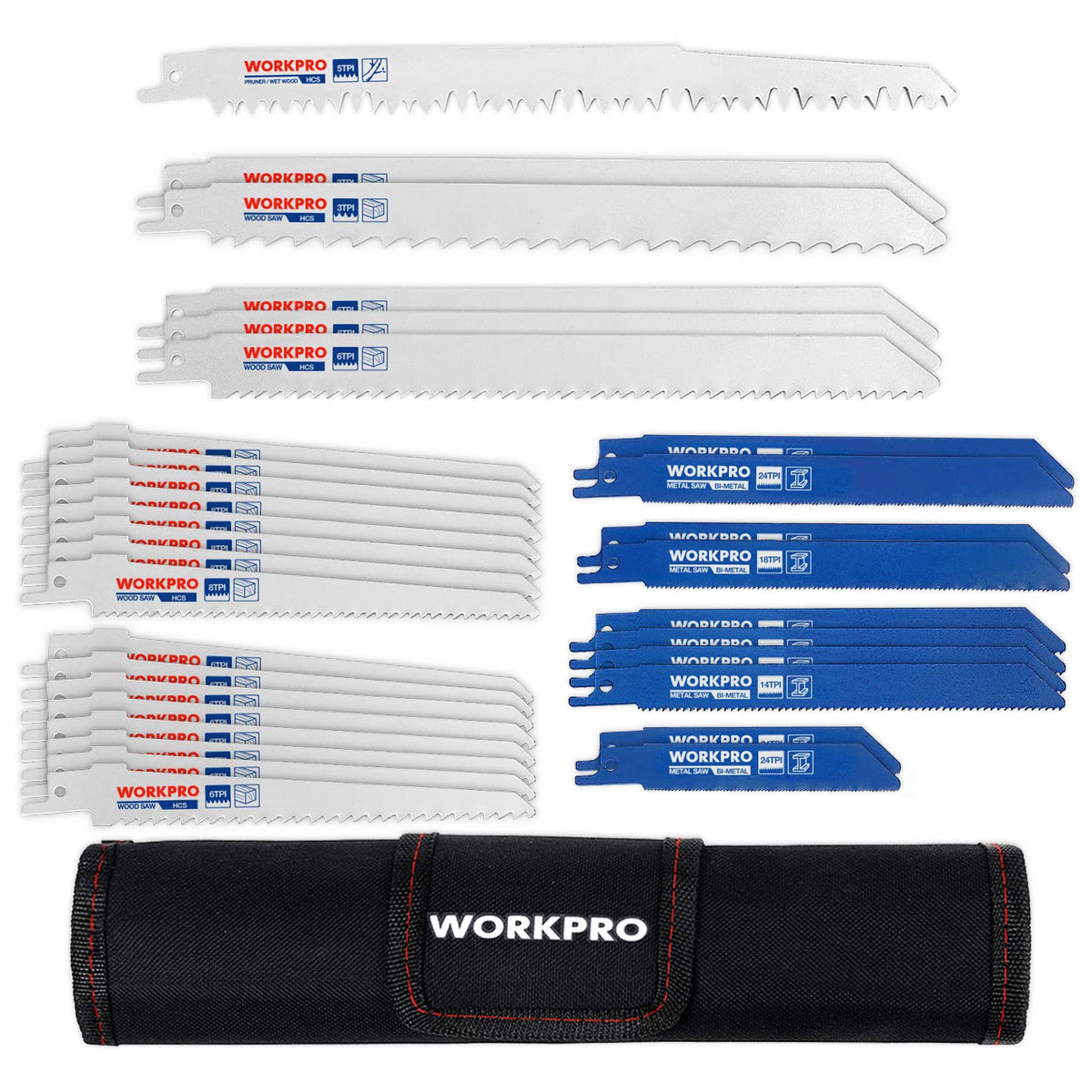 WORKPRO 32-piece blade set organized in pouch for easy transport