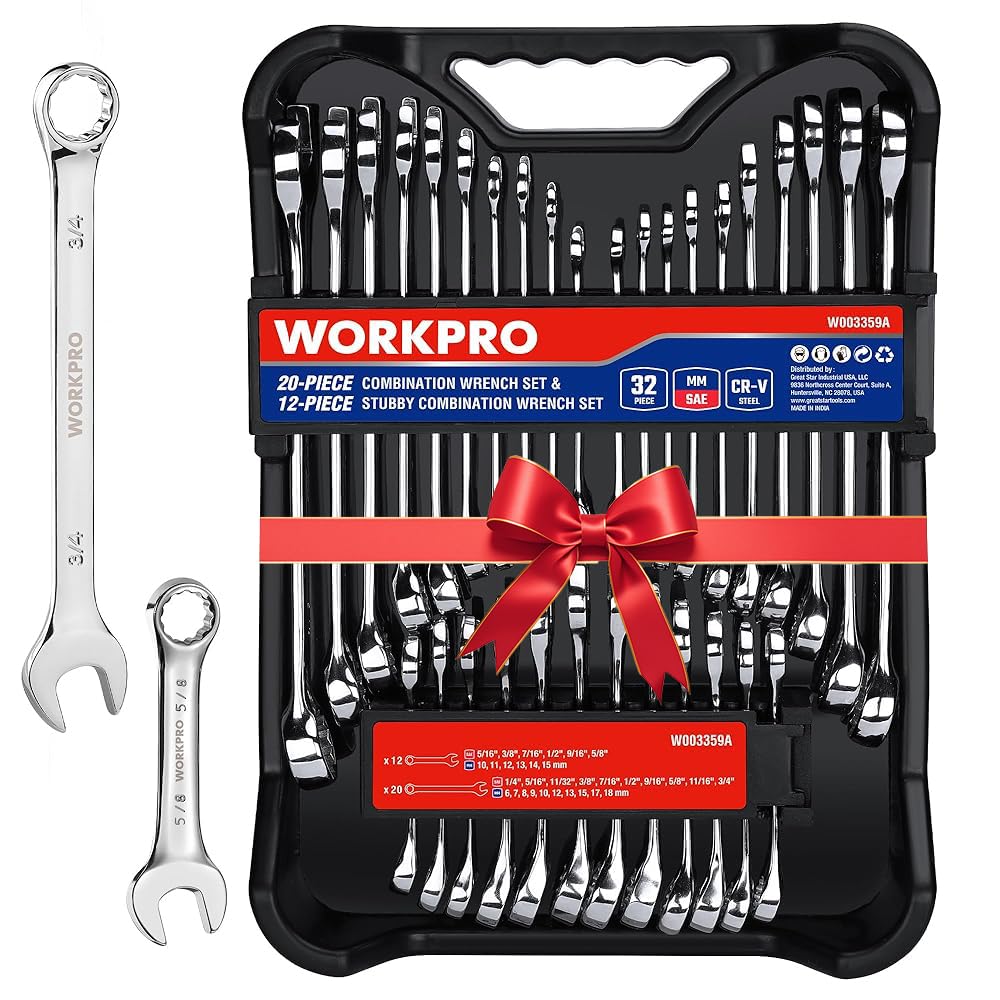 WORKPRO 32-piece wrenches set with SAE and metric sizes for versatile automotive repairs
