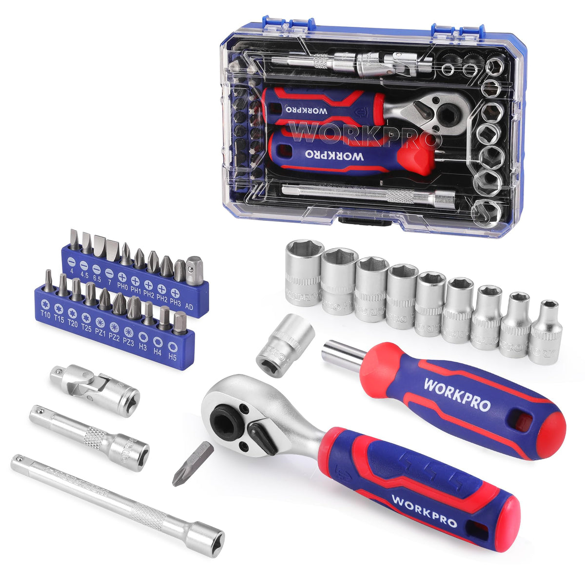 WORKPRO mini socket set with dual-head ratchet for tight spaces