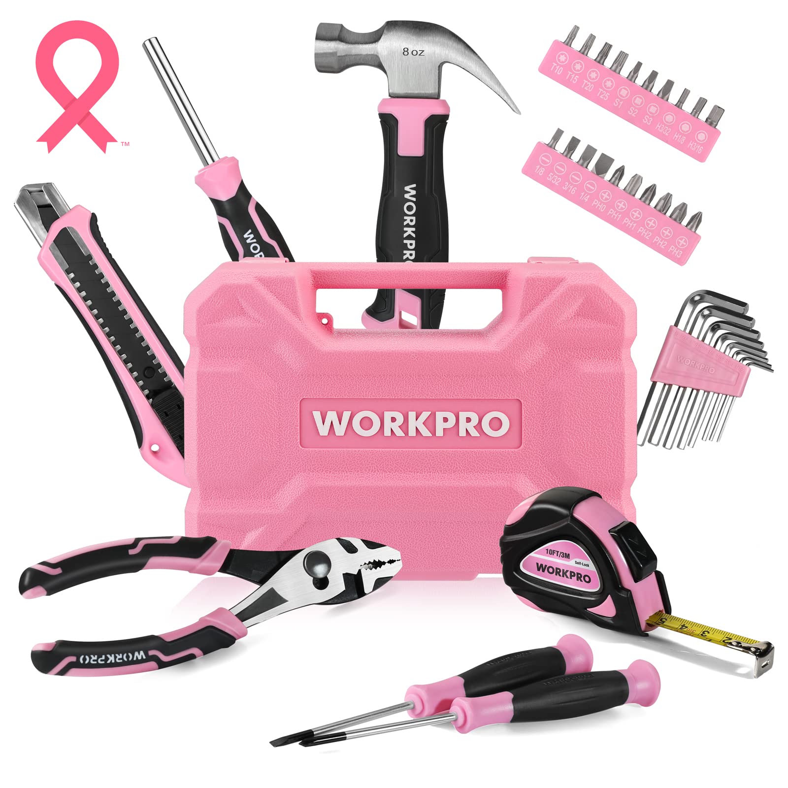 WORKPRO 35-piece pink tools set in box for organized home repairs and DIY projects