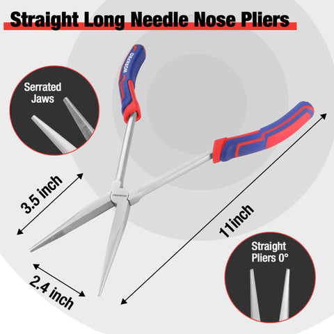WORKPRO 3PC long reach pliers set 45-degree nose ideal for angled access.