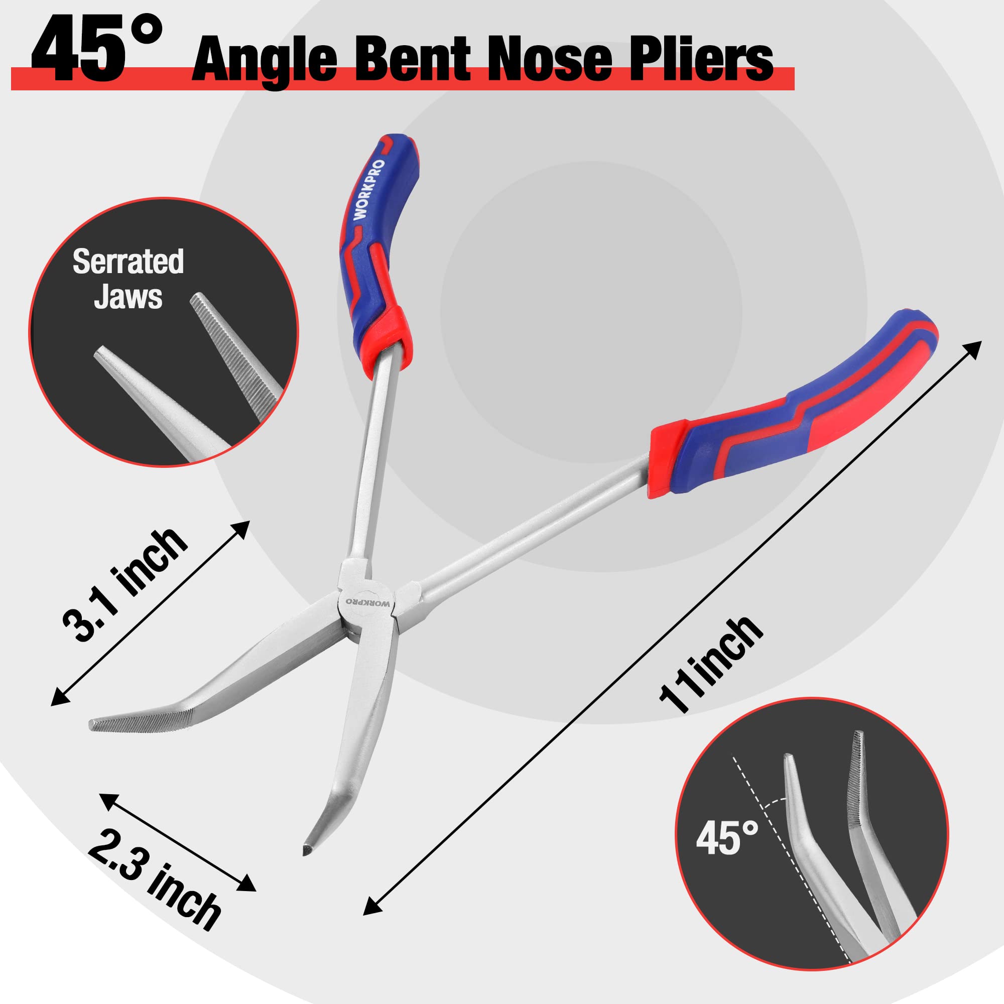 WORKPRO 3PC long reach pliers set 90-degree nose for snag-free operation in frames.