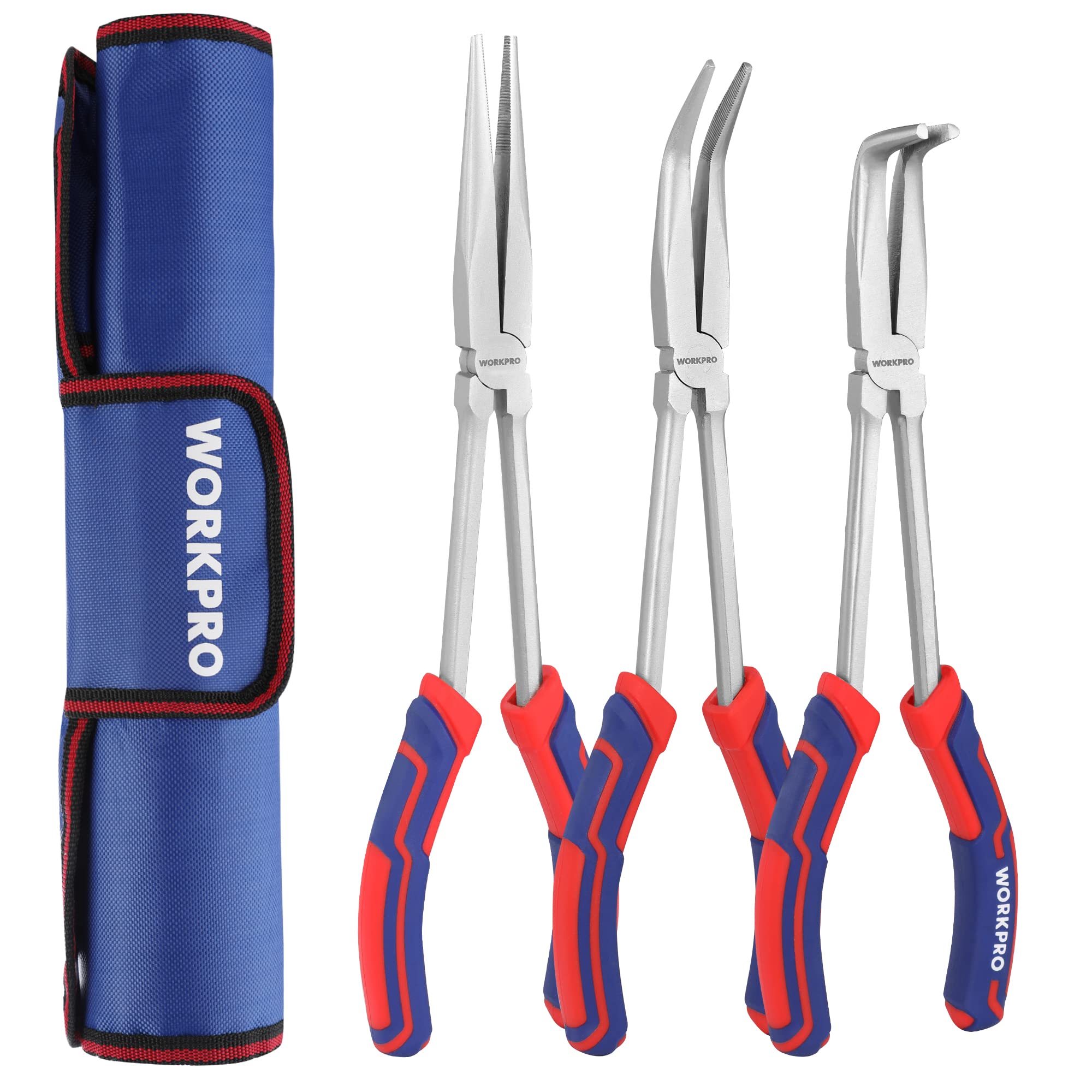 WORKPRO 3PC long reach pliers set straight nose for tight spaces and precise grips.