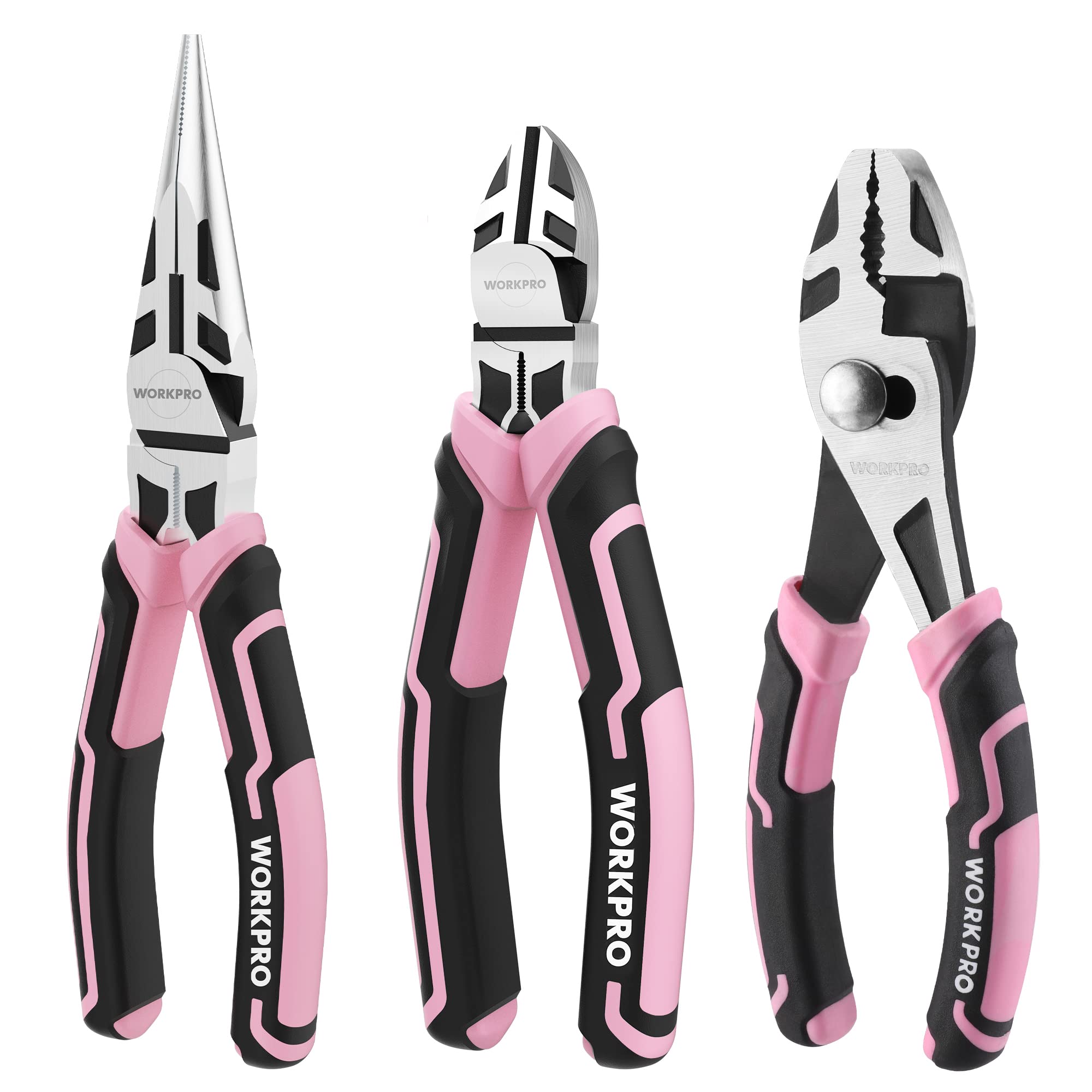 WORKPRO 3-piece pliers set with pink handles for precise grip and versatile DIY use.