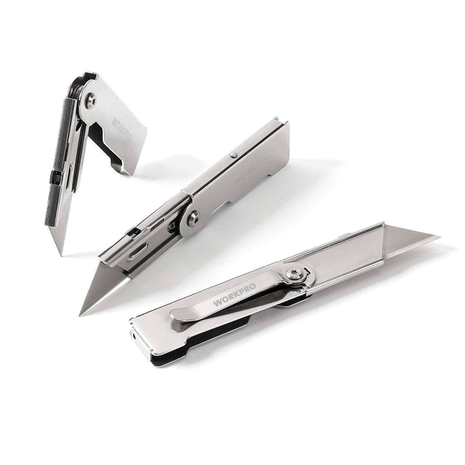 WORKPRO 3-piece quick-change folding knife with belt clip for fast blade swaps.