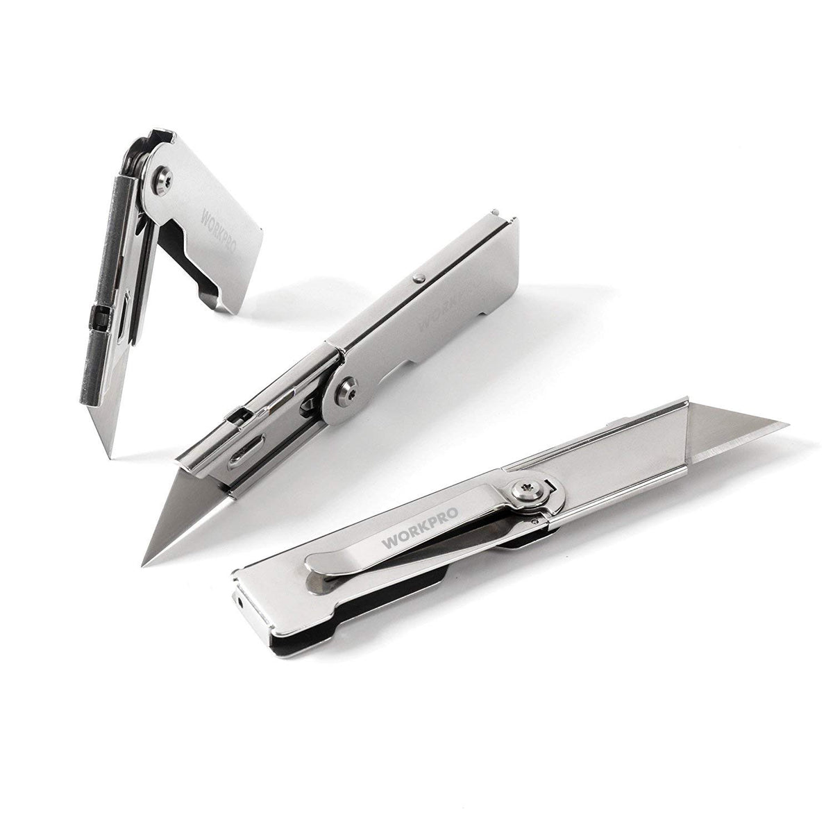 WORKPRO 3-piece quick-change folding knife with belt clip for fast blade swaps.