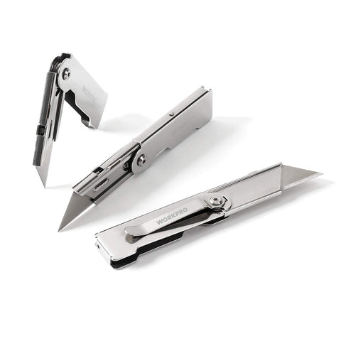 WORKPRO 3-piece quick-change folding knife with belt clip for fast blade swaps.