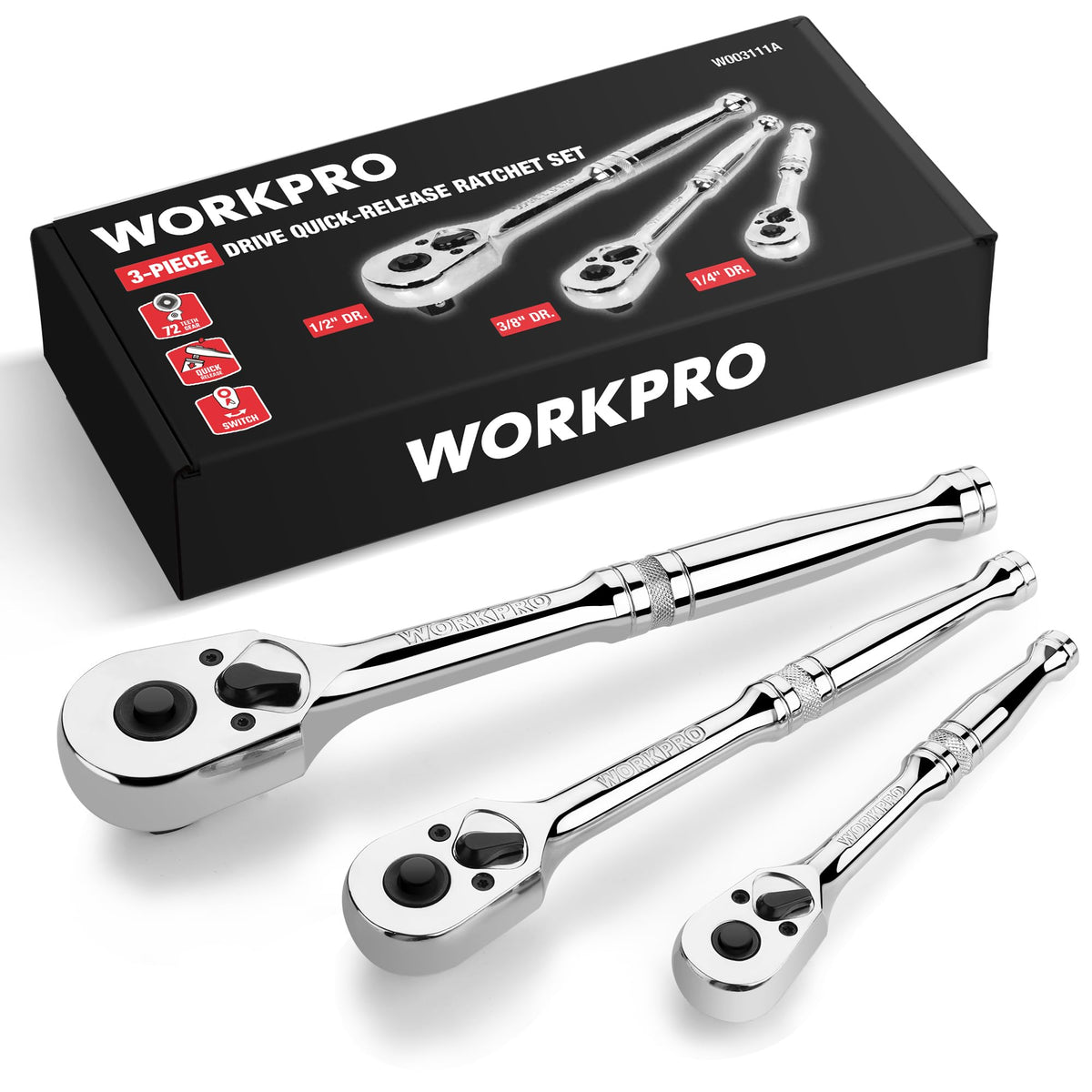WORKPRO 3-Piece Ratchet Set assembly view showing versatile drives for fast DIY repairs.