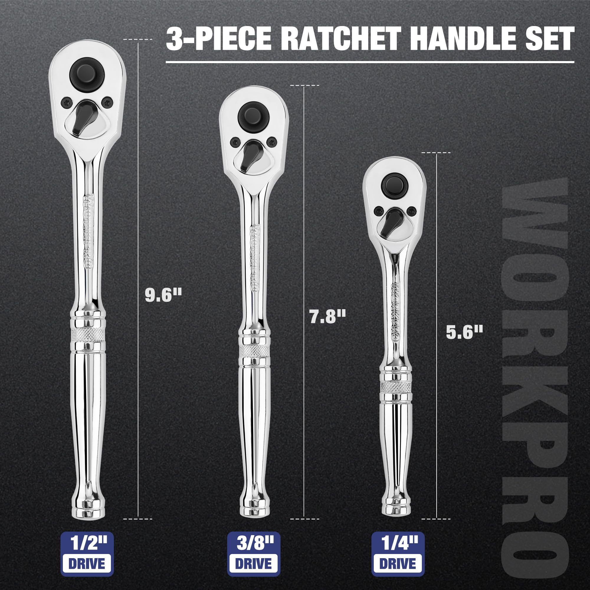 WORKPRO ratchet with quick-release button enables one-handed socket changes in tight spaces.
