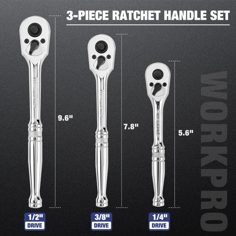 WORKPRO ratchet with quick-release button enables one-handed socket changes in tight spaces.
