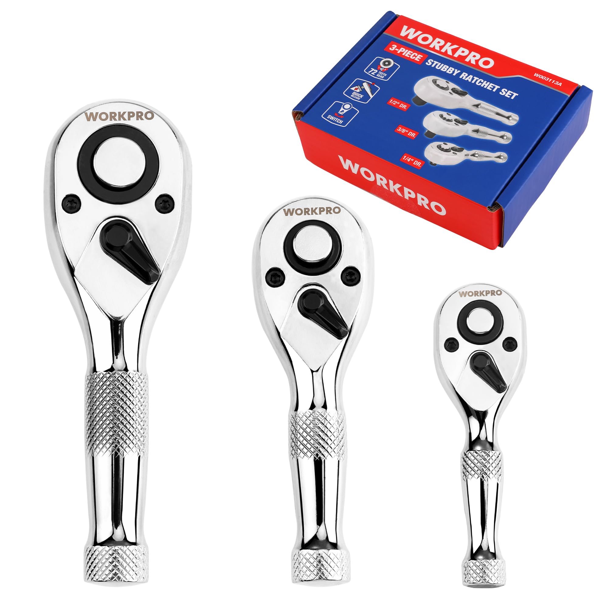 WORKPRO 3-piece stubby ratchet set with quick release for tight spaces.