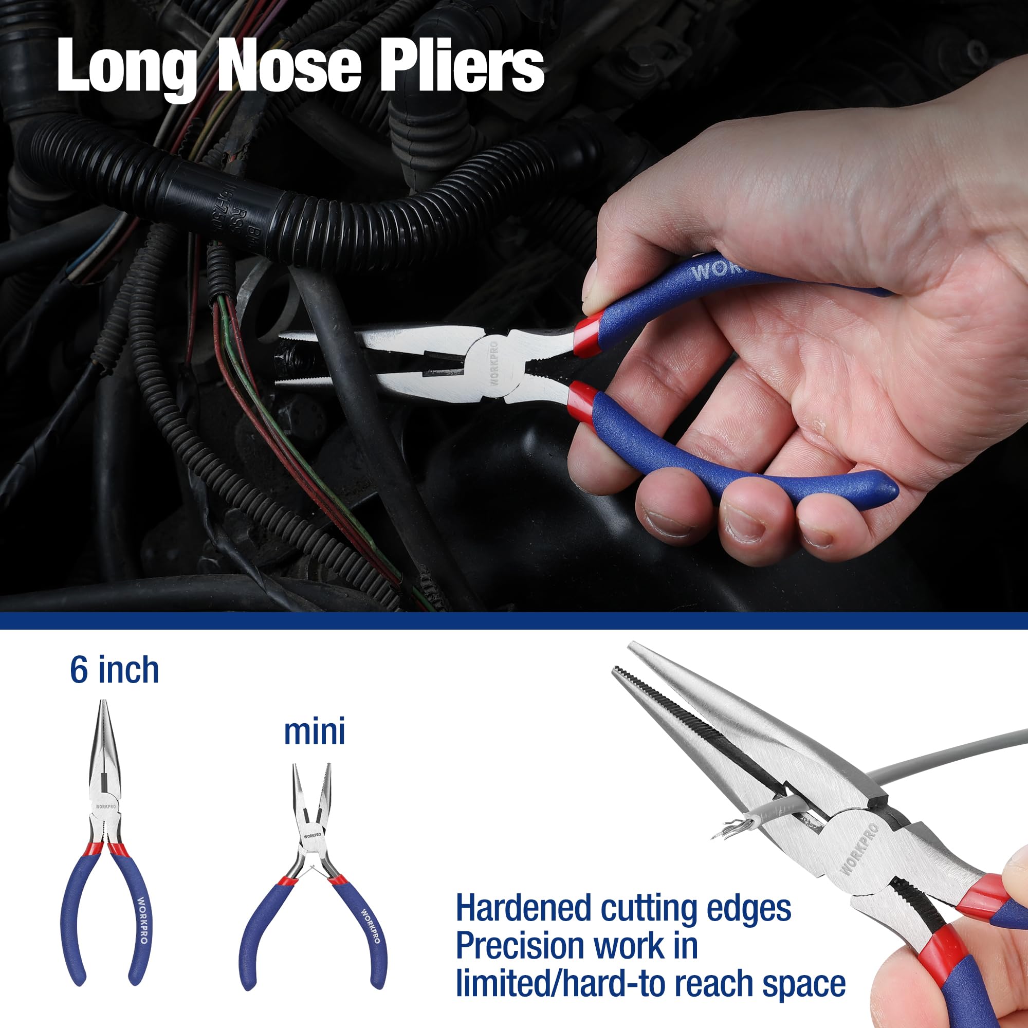WORKPRO 4-1/2-inch long nose pliers for narrow area tasks.