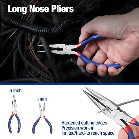 WORKPRO 4-1/2-inch long nose pliers for narrow area tasks.